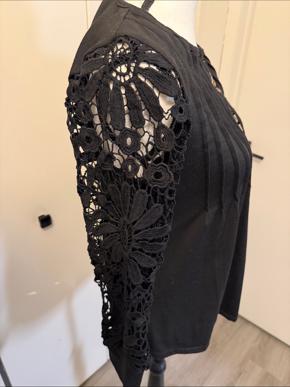 Black Crochet-Sleeve Henley Tunic Top - Picture 2 of 5